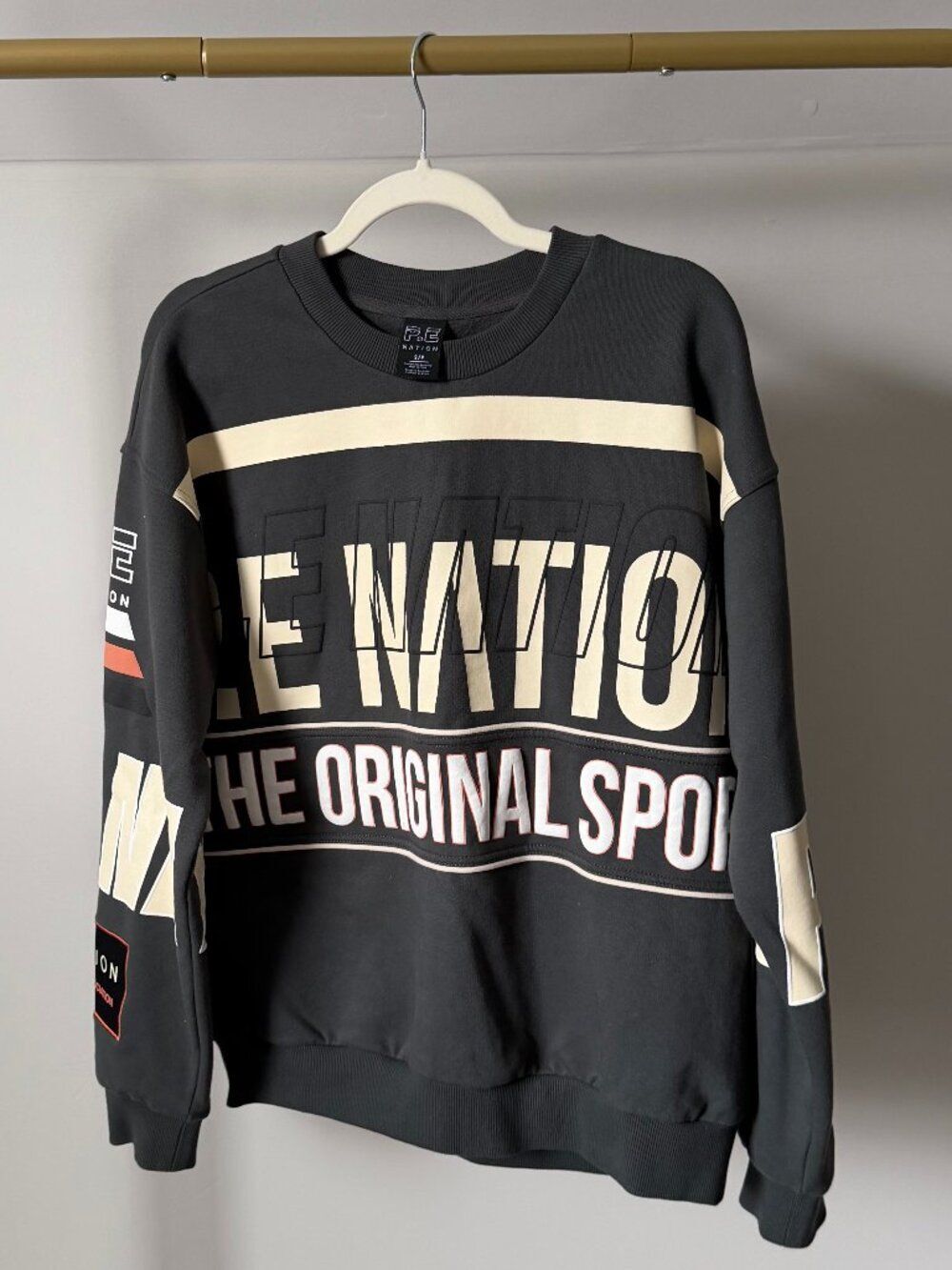 NWOT P.E Nation Gray and Cream Crewneck Sweater sz S (Oversized)
